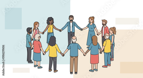 Diverse group of people holding hands in a circle, symbolizing unity and community