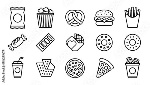 Snack Food Line Icon Set Fast Food, Packaged Snacks and Street Food Vector Collection
