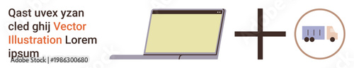 E-commerce, logistics, technology, delivery services, online business, remote work. Image shows a laptop, a plus sign and a delivery truck icon. E-commerce and logistics