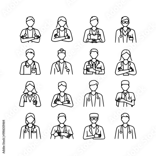 line icons of doctors and nurses in various poses