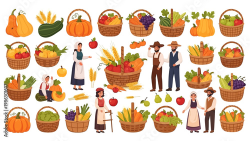 A colorful vector illustration features farmers and their produce in woven baskets, symbolizing agriculture and secondary crops from rice paddies, set against a clean white background