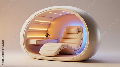 Modern pod with a chair and footrest for relaxation and meditation in a serene environment with soft lighting