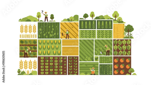 Detailed vector illustration depicting people farming in rice paddies and gardens around the world, showcasing icons of secondary crops in a flat design with a bright, business-oriented
