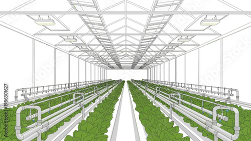 Vector illustration depicting agricultural business with rows of plants inside a greenhouse, the design showcasing irrigation systems and a spacious interior, set against a clean white