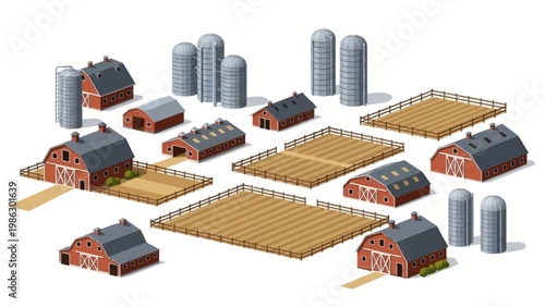 Isometric vector art depicts a collection of farm buildings and fields, including barns and silos, arranged on a white background showcasing agricultural design with a clean and organized