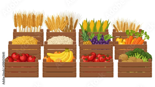 Colorful vector illustration showcasing diverse secondary crops and staple foods arranged in rustic wooden crates, designed with a flat style against a clean white background