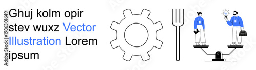 Business strategy, teamwork, innovation, balance, career growth, idea generation. Abstract scene with gear, fork and characters balancing ideas. Business strategy and teamwork illustration