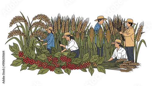 Vector art illustrating a team of farmers harvesting rice and secondary crops in a paddy field, set against a clean white background with stylized character design and a warm, earthy color