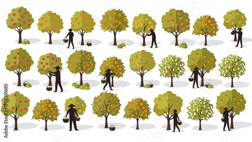 Stylized vector illustration featuring farmers harvesting secondary crops in a rice paddy garden, depicted as character icons against a white background, with a flat design and a focus