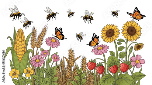 A vibrant vector illustration depicts farming with a diverse array of secondary crops, including corn, wheat, sunflowers, and strawberries, alongside bees and butterflies, set