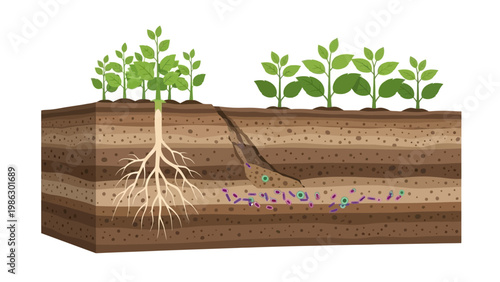 Vector illustration of an agricultural system showing people farming secondary crops in rice paddies, presented in a detailed cross-section view against a white background, with a focus