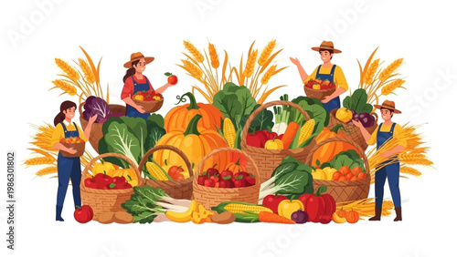 Vector illustration of farmers harvesting secondary crops and produce in woven baskets, depicted as agriculture icons against a clean white background, conveying a sense of abundance