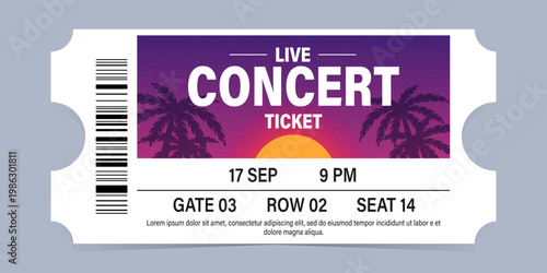 Event ticket vector template. Concert, party or festival ticket design template. Vector illustration