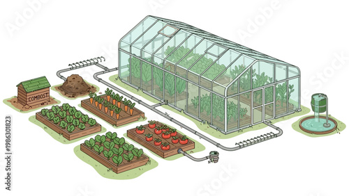 Isometric vector illustration depicting an agricultural system with people farming secondary crops in rice fields and gardens, showcasing a greenhouse with irrigation, all set