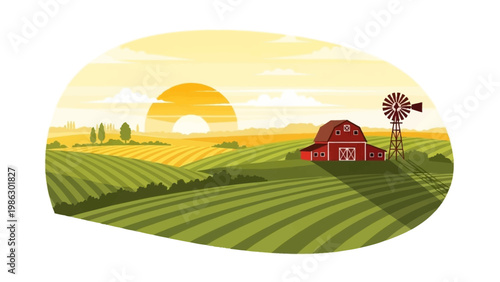 Stylized vector illustration of agriculture featuring a farm with a red barn and windmill at sunrise, showcasing cultivated rice paddies and secondary crops in an idyllic landscape