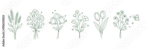 Hand-drawn floral sticker set with minimalist botanical elements. perfect for planners, scrapbooking, packaging, and social media, available in vector format.