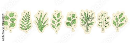 Hand-drawn floral sticker set with minimalist botanical elements. perfect for planners, scrapbooking, packaging, and social media, available in vector format.