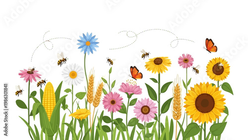 Colorful vector illustration of a diverse flower garden depicting secondary crops and various flowers, bees, and butterflies against a white background with a cheerful and vibrant design