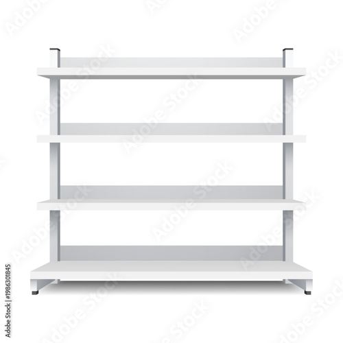 White empty store shelf rack mockup front. Front view Product shelves counter design