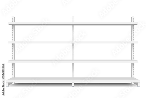 White empty store shelf rack mockup front. Front view Product shelves counter design