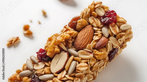 Delicious homemade granola bar with nuts and dried fruits on white background healthy snack