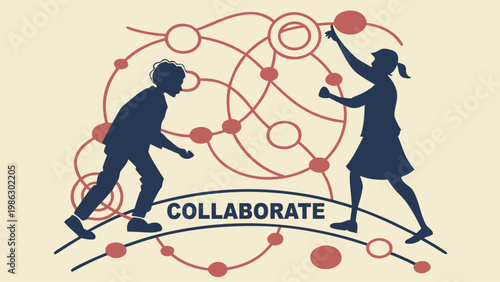 Vector illustration of people connecting nodes with collaborate text. Teamwork cooperation, business partnership, communication network, collaboration strategy, and corporate connection concept.