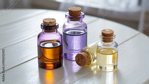 Four small glass bottles with cork stoppers containing different colored liquids on a white wooden table