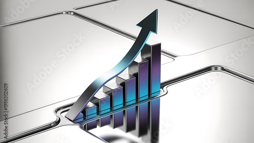 3d graph with upward trend arrow on metallic surface symbolizing business growth and success in finance