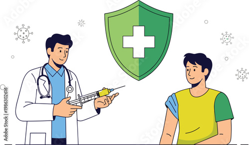 Vaccination healthcare concept with doctor and patient immunity protection shield virus prevention and medical immunization illustration