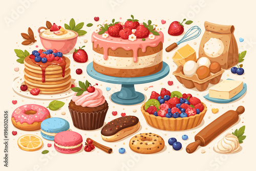 Whimsical vector illustration of delicious handmade desserts and baking supplies featuring a strawberry layer cake, pancakes with berries, cupcakes, donuts, macarons, fruit tart, flour, and eggs.