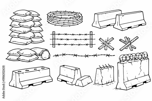 Line art war and security elements set featuring sandbags, barbed wire, and concrete barriers for military defense, border protection, and conflict zone illustrations in a hand-drawn sketch style.
