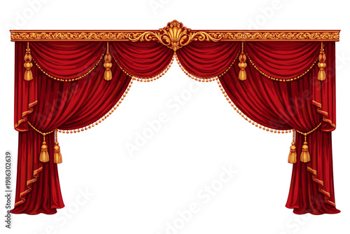 Luxury Red Velvet Theater Stage Curtain with Ornate Gold Cornice and Tassels. Realistic Vector Illustration of Elegant Drapery for Opera, Cinema, or Home Interior Decor isolated on White Background