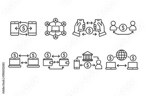P2P Peer to Peer Payment and Decentralized Network Outline Icon Set Featuring Mobile Money Transfer, Online Transaction, Digital Wallet, Global Banking, and Financial Technology Fintech Symbols