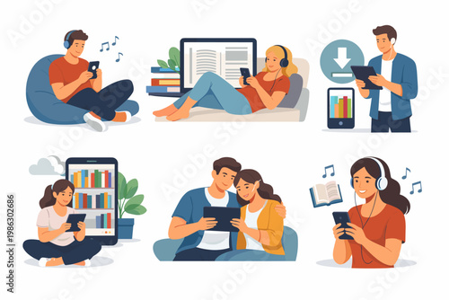 People Reading Digital Books and Listening to Audiobooks Set. Men and Women Enjoying Ebooks on Tablets and Smartphones, Downloading Stories, and Relaxing with Online Literature Vector.