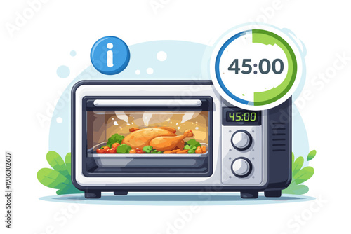 Simple Flat Vector Illustration of a Modern Kitchen Oven Roasting a Whole Chicken with Broccoli and Carrots, Including a 45-Minute Digital Timer and Information Icon for Cooking Guidelines.
