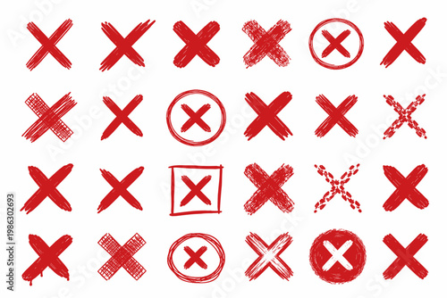 Set of red cross X marks and hand drawn delete symbols. Collection of cancel and wrong icons for UI design, featuring various brush strokes, sketchy styles, circled and squared marks on white.