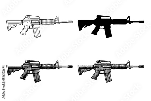 Set of Four Assault Rifle Illustrations Showcasing Various Hand-Drawn Techniques Like Detailed Line Art, Solid Black Silhouette, Vintage Engraving, and Stippling for Tactical and Military Designs