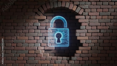 Glowing neon blue padlock on brick wall with circuit board design and keyhole symbolizing security and technology