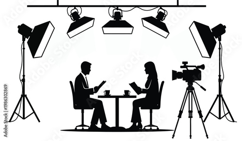 A black and white illustration depicts a staged interview with two individuals seated at a table illuminated by studio lights silhouette high quality professional