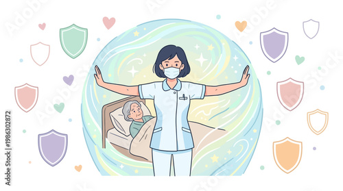 Nurse character acting as protective shield against viruses for Nurses Day