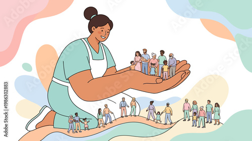 Giant compassionate nurse supporting tiny patients for Nurses Day