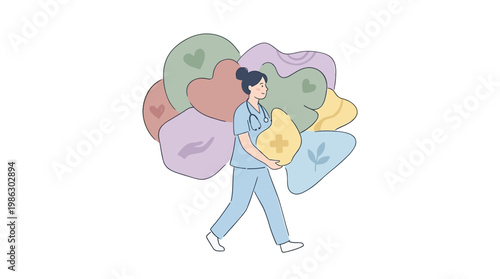 Tired nurse carrying heavy heart emotional burden concept for Nurses Day