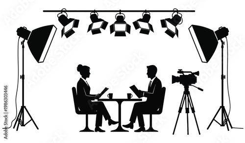 A black and white illustration depicts a talk show set with bright studio lights a table and two guests facing each other silhouette
