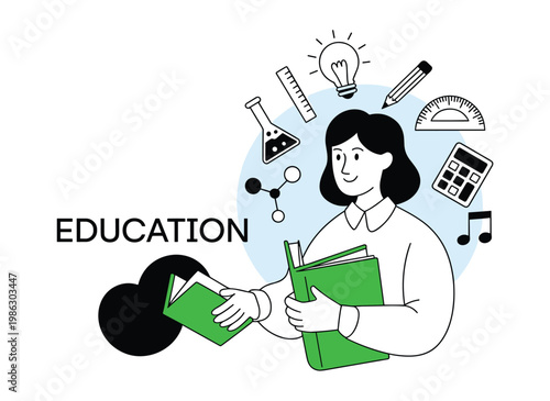 Woman holding green books surrounded by educational including a lightbulb calculator pencil ruler and chemistry flask on a light blue circular background with the text e d u c a t i o n