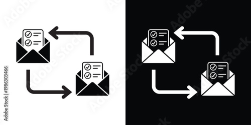 Icons of envelopes containing checklists with transfer arrows, representing automated email reporting, newsletter distribution, task notifications, and digital correspondence flow.