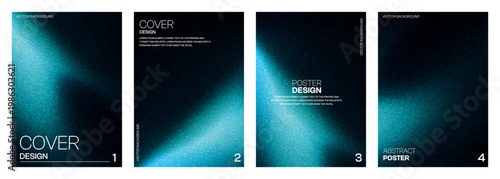 Set of 4 grainy teal gradient poster designs. Abstract noise texture templates for modern covers, banners, and digital art. Sleek cinematic dark blue aesthetic vector backgrounds.