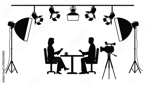 A stark black and white depiction of an interview setup with two individuals seated at a table under bright studio lighting silhouette high quality