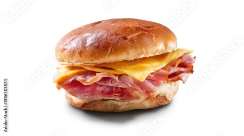 Sliced ham and cheese sandwich on a hamburger bun on white background -