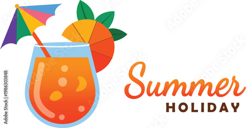 Summer holiday cocktail with orange and umbrella isolated on white background