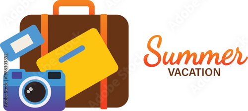 Summer vacation travel concept with suitcase and camera isolated on white background